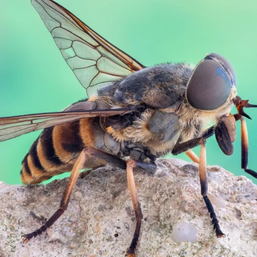 A close up shot of a resting horsefly on a rock 