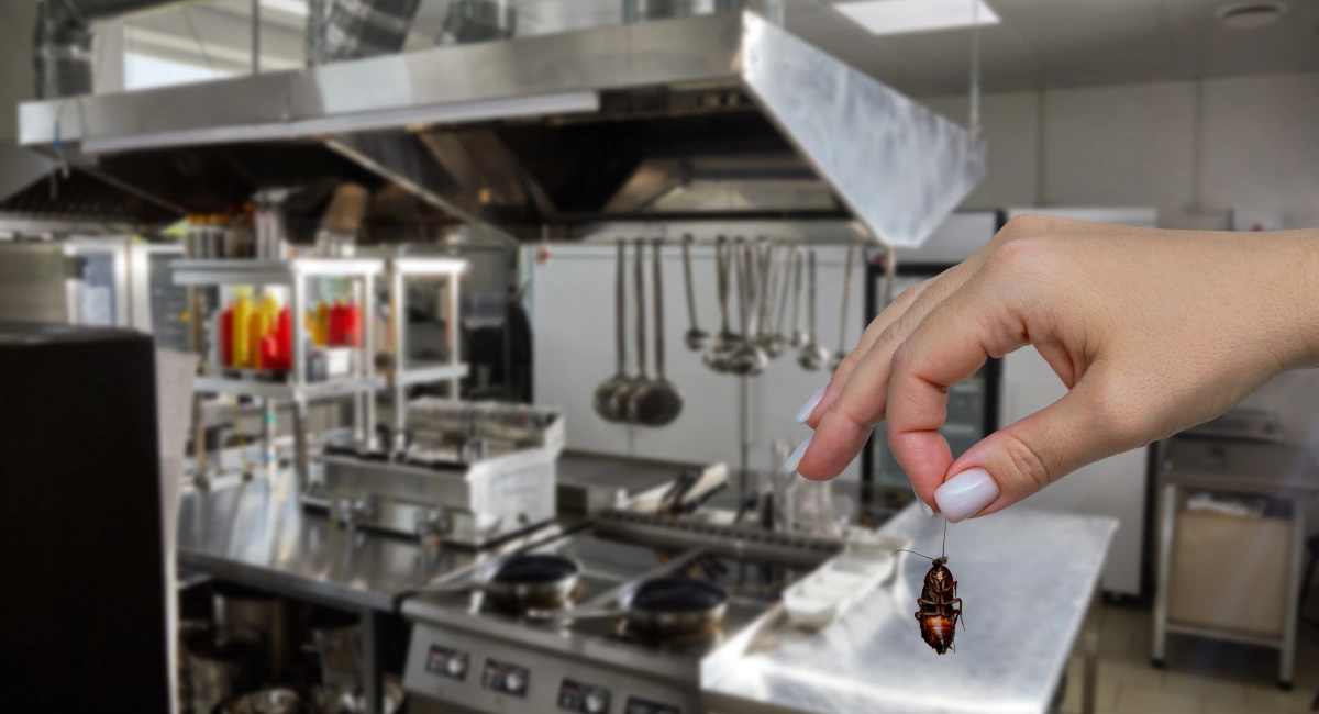 Female hand holding a dead cockroach over blurred background of a restaurant kitchen