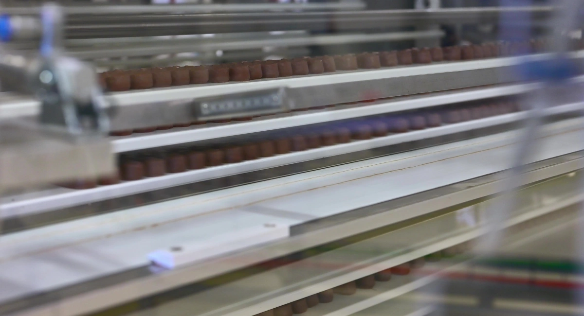 Production of chocolate bars at a confectionery factory