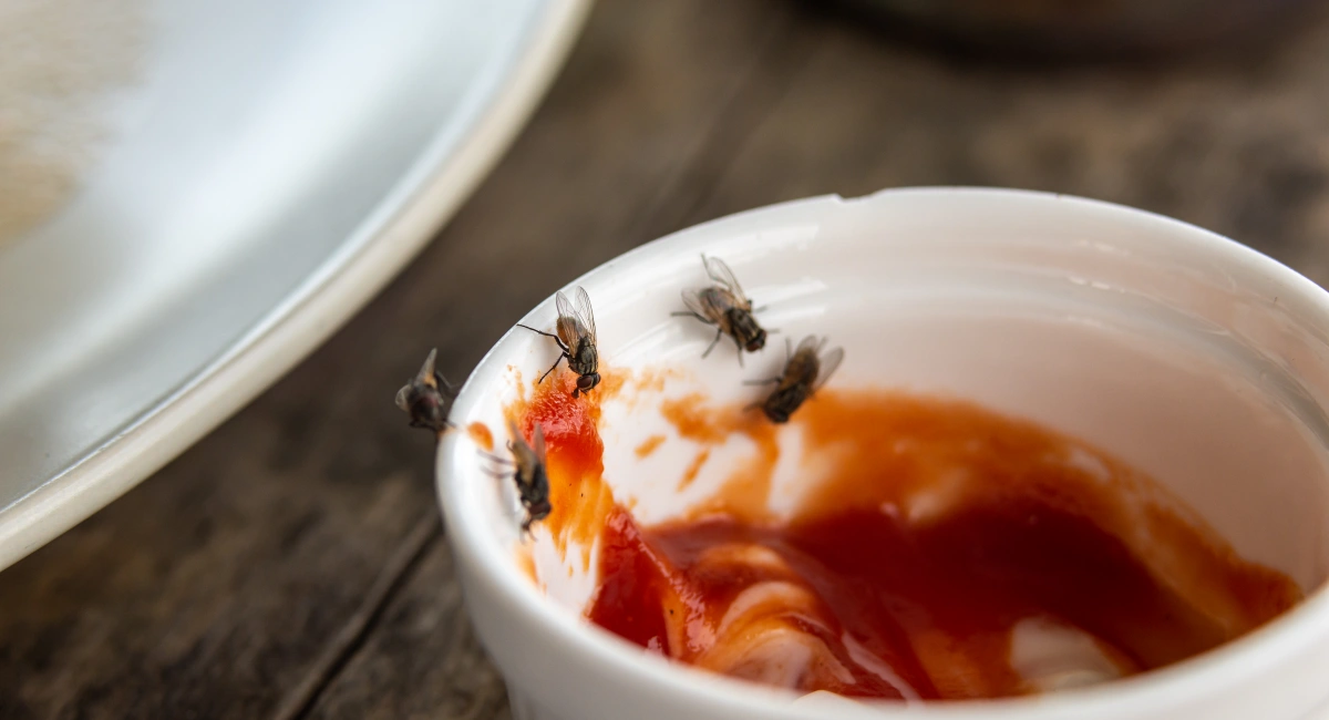 Several house flies crawling on the rim and inside of a small white ceramic bowl containing tomato ketchup, highlighting a food contamination risk on a wooden table 