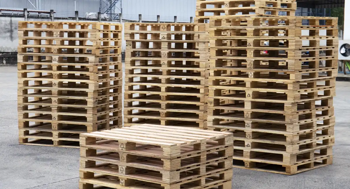 Stack of wooden pallets in a warehouse